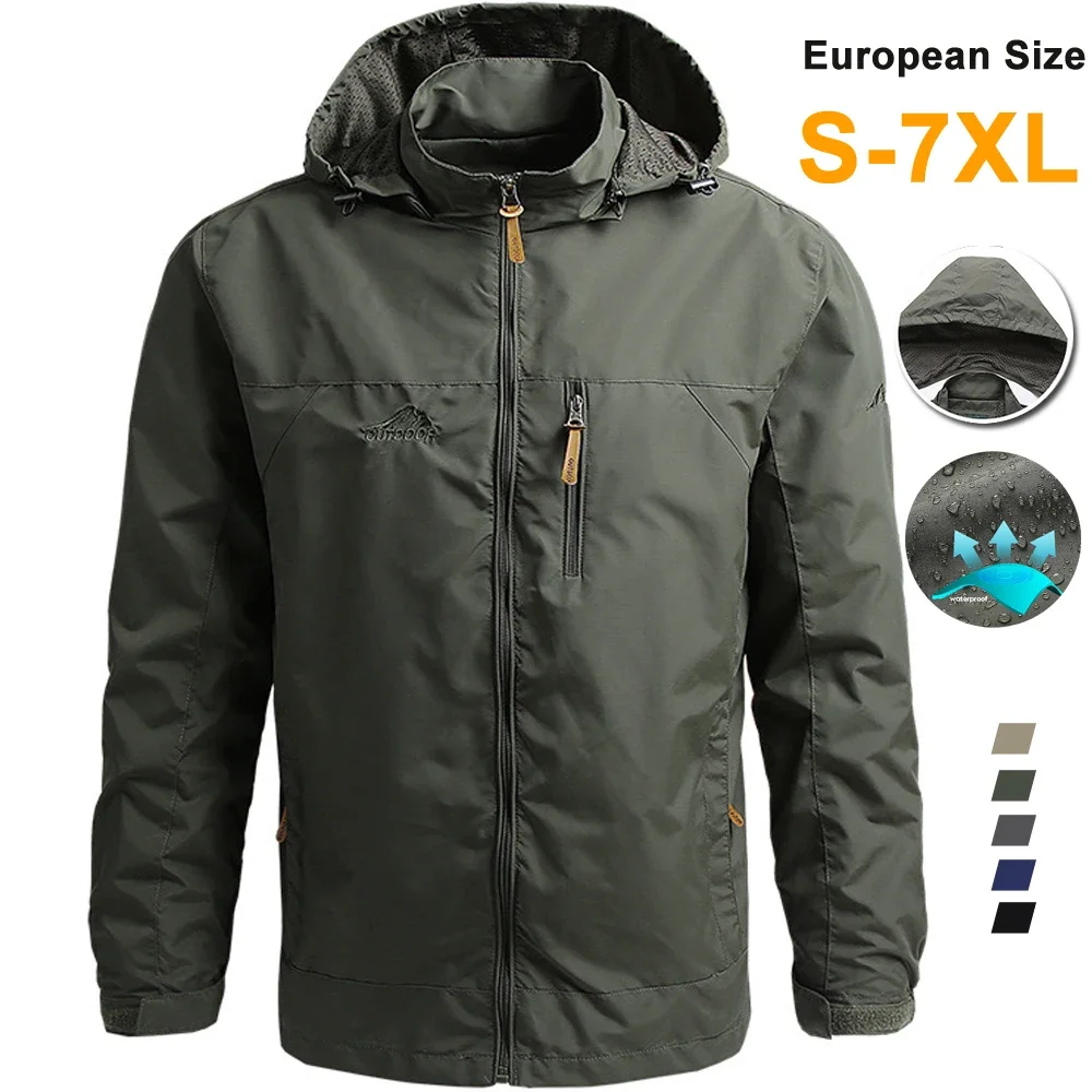 

2024 New Windbreaker Men Tactical Jacket Waterproof Outdoor Hooded Coat Sports European Size S-7XL Field Climbing Thin Outwear