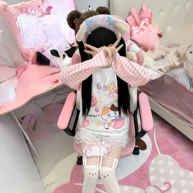 

Japanese Patchwork Pink Stripe Casual T-shirt Autumn 2025 Y2k Aesthetic Cartoon Printing Harajuku Tops Grunge Kawaii Cdsf2