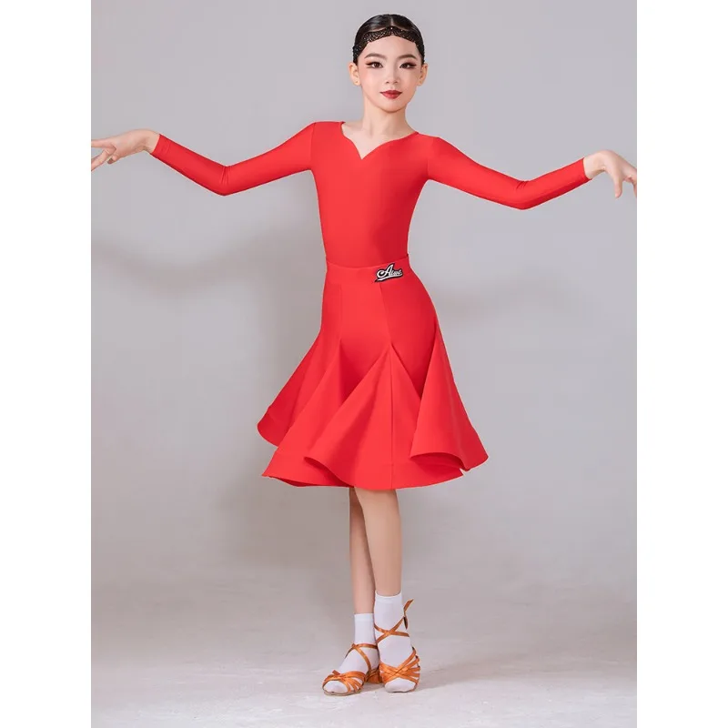 Robe de danse latine personnalisée, tenue de pratique quotidienne pour filles, Costumes de compétition de spectacle pour enfants, haut et jupe à manches longues