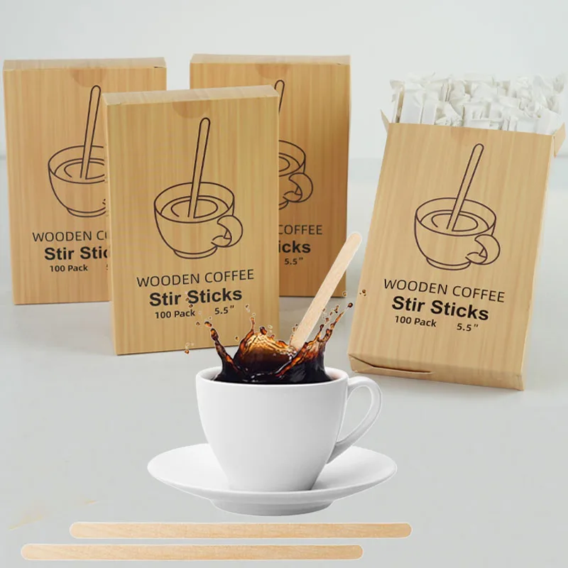 

Деревянные мешалки для кофе в индивидуальной бумажной упаковке, одноразовые деревянные палочки 5,5 дюйма для кофе/чая/горячих/холодных напитков, деревянные блендеры