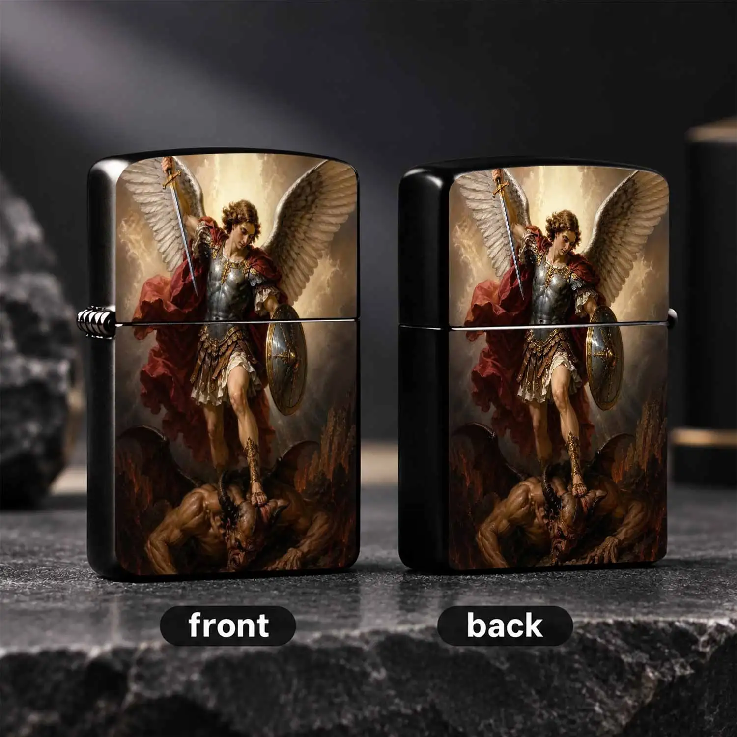 Vintage Archangel Defeating Pattern , Durable Non-slip Body, Faith Themed Collectible, Ideal Gift for Men, Suitable for Daily Use, Camping, Home Scenarios, PORTABLE Exquisite Artistic Present for Igniter Lovers A fun and humorous lighter