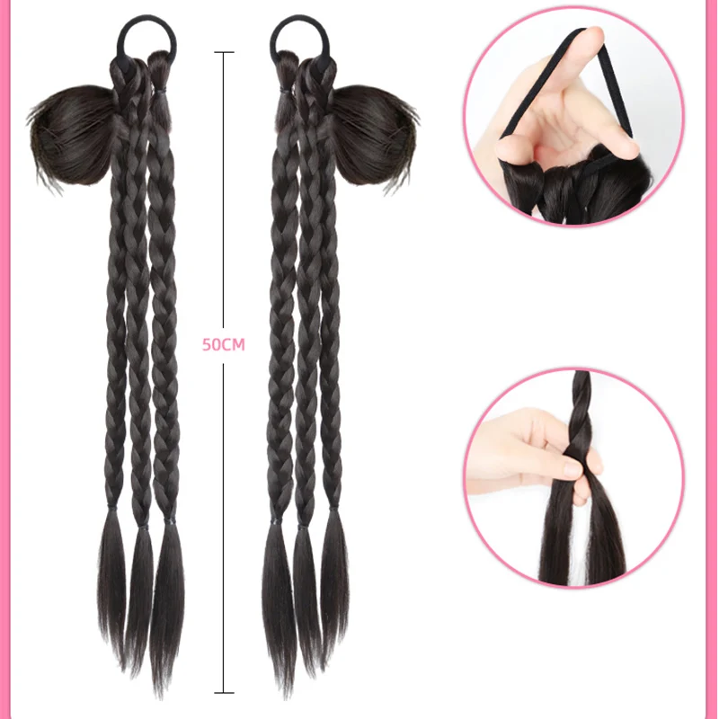 2 pieces Synthetic Long Ponytail Extensions Boxing Braids Wrap Around Chignon Tail With Rubber Band Hair Ring Dreadlocks Heat Re