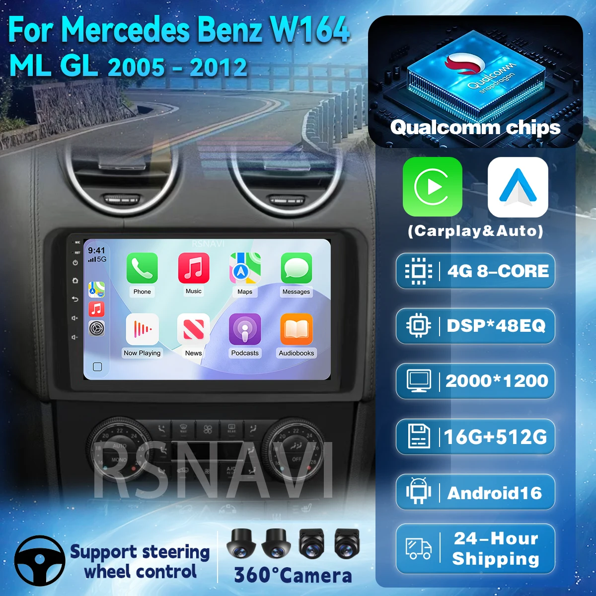 Android 16 For Benz GL ML W164 ML350 ML500 X164 2005-2012 2K QLED Android Car Radio Multimedia Video Player GPS Stereo CarPlay