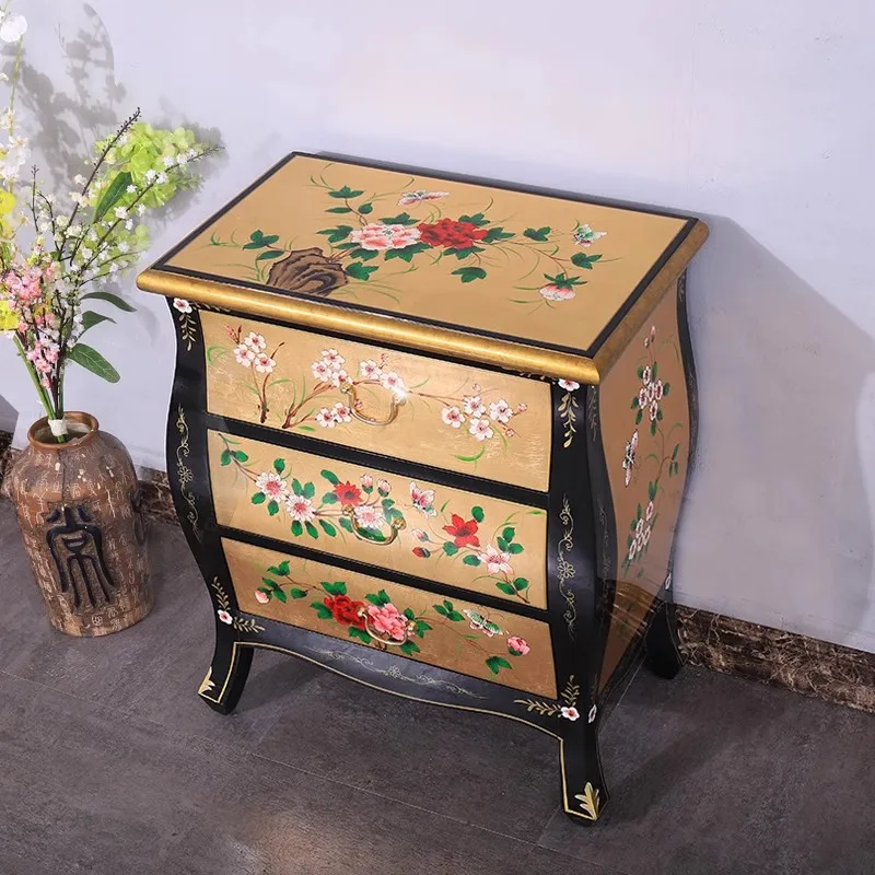Elegant European Style Small Storage Chest American Gold Leaf Bedside Cabinet Floral Pattern Traditional Drawers for Bedroom