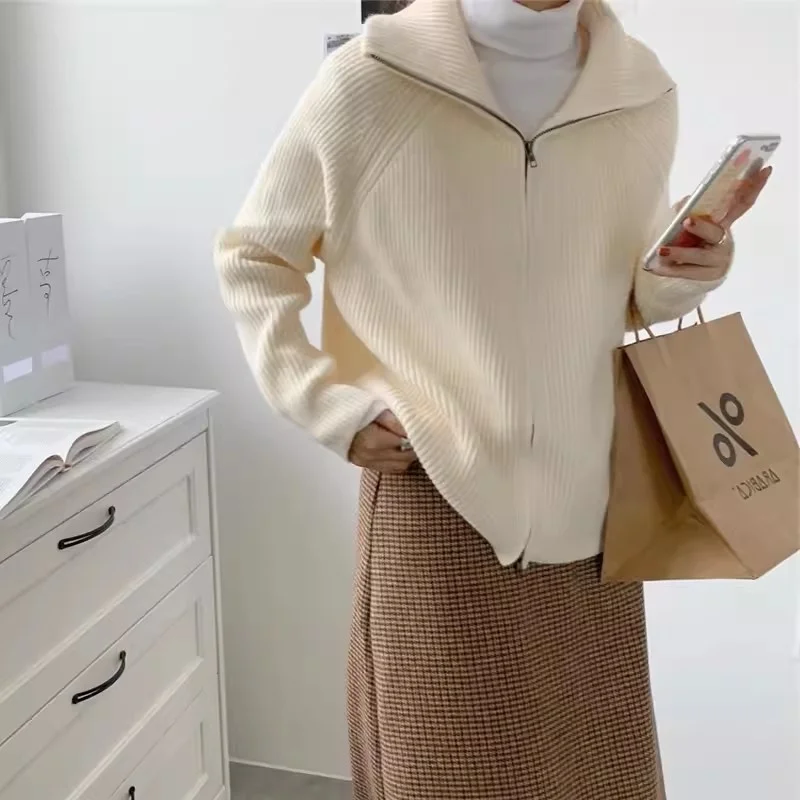 Thickened Knitted Cardigan Korean Instagram Zipper Sweater Flip Neck Sweater for Women Autumn and Winter Lazy Style Solid Color