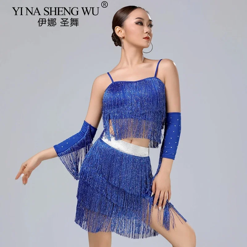 Ladies' Latin Dance Dress Adult Dance Dress Salsa Samba Dance Competition Tassel Dress Sexy Party Set with Sleeved Tassel Skirt