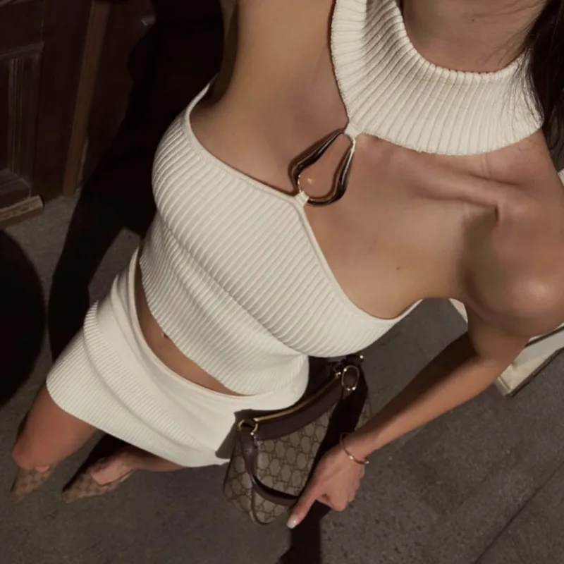 

Blifanbo Fashion Knit Skirt Matching Set Two Piece Sets Women Halter Off-shoulder Tank Top And Mini Skirt Female Sexy Dress Set