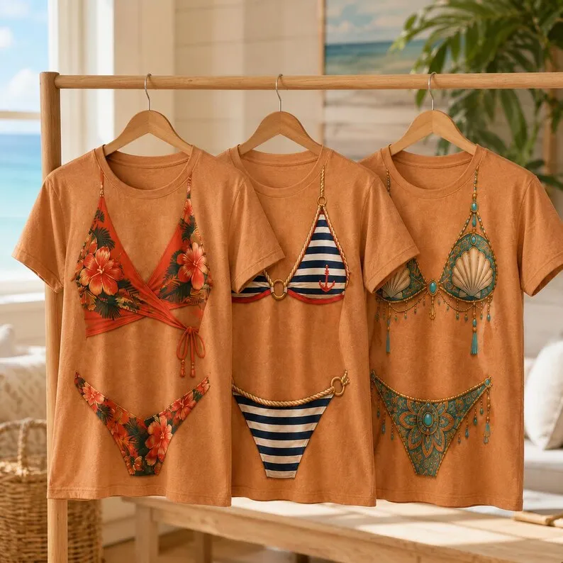 Fun Bikini Tropical Beach T-shirt, Hawaiian Swimsuit Printed T-shirt Cruise Clothing Beach Party Gift Men and Women Pretend