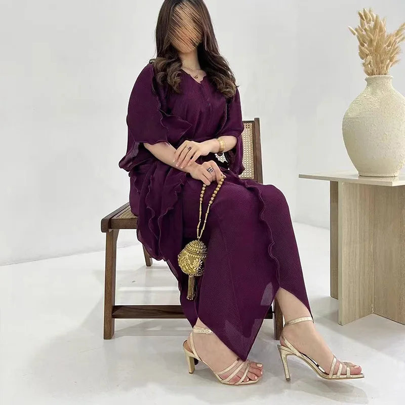 

ANLAN Vintage Irregular Design Pleated Dress Women V Neck Belt Gathered Waist Patchwork Dresses Fashion 2025 Spring New 2AN1482