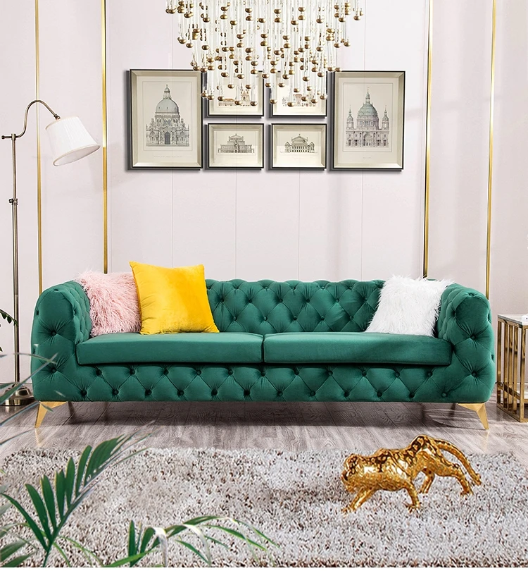 #Hot Sale New Design Living Room Furniture Button Tufted Chesterfield Velvet Fabric Sofa