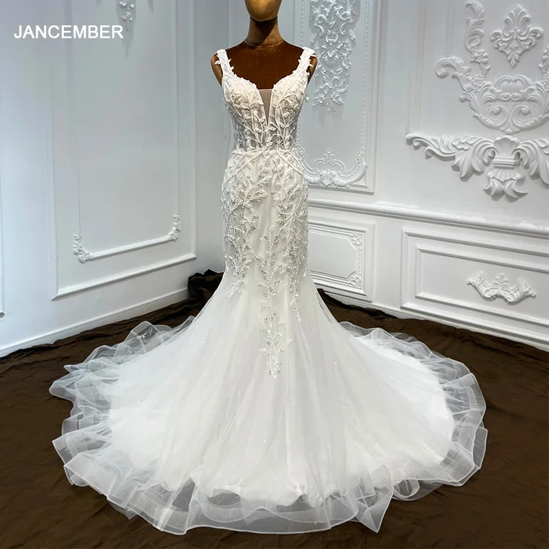 

Jancember Stylish Novelty Wedding Gown For Bride 2024 Mermaid V-neck Sweep Train Backless Zipper Vestidos De Novia LSCJ15