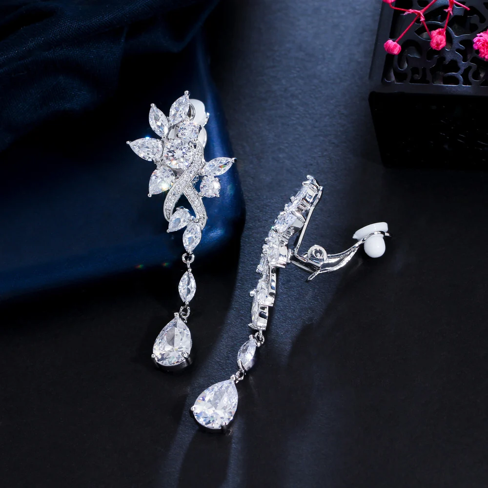 CWWZircons Ohrringe ohne Ohrloch, Zirkon-Blumen-Ohrhänger für Damen, Hochzeit, Brautparty, lange Clip-Ohrringe ohne Piercing, Großhandel EJ0030 – Detail 6