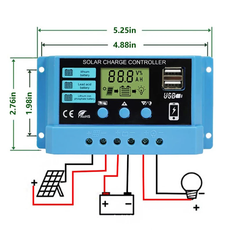 Solar Controller 12V/24V 30A 20A 10A Solar Regulator PWM Battery Charger LCD Display Dual USB 5V Output