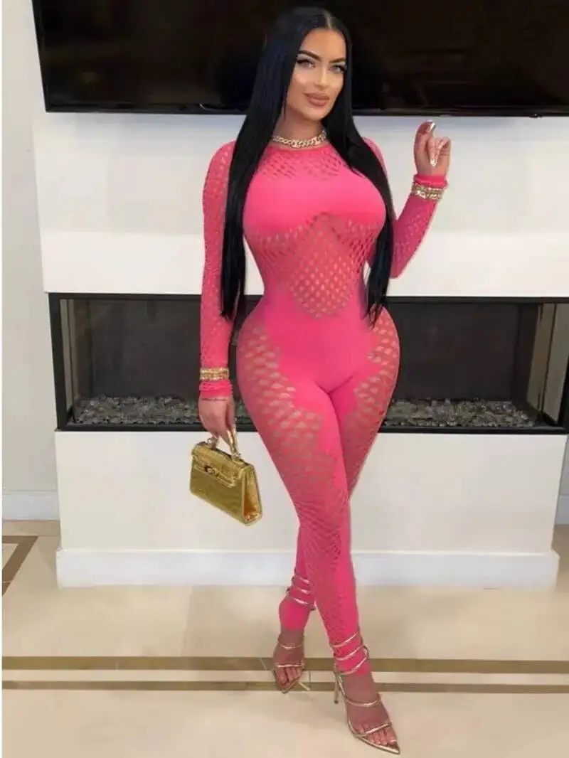 

Sexy Hollow Knitting Bodycon One Piece Jumpsuits Women Oneck Long Sleeve Slim Playsuits Fashion Stretchy Jumpsuits Elegant 7JT5