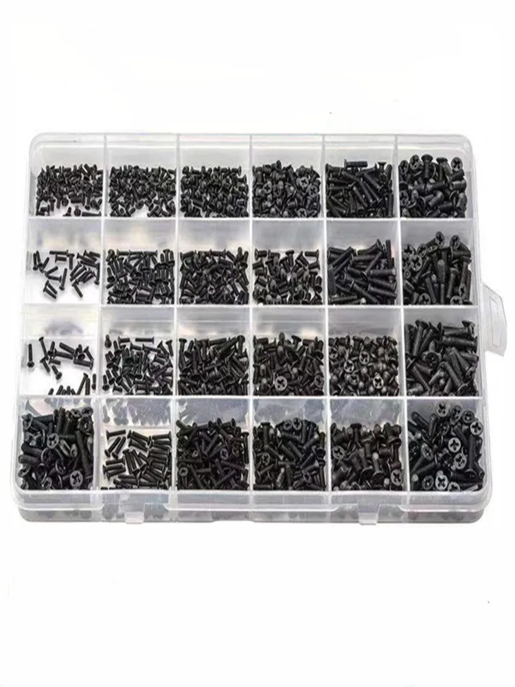 450/650/720 Pcs M1.4 M2 M2.5 M3 Black Steel Mini Micro Cross Countersunk Head Flat Head Screw Combination Laptop Screws Kit Box