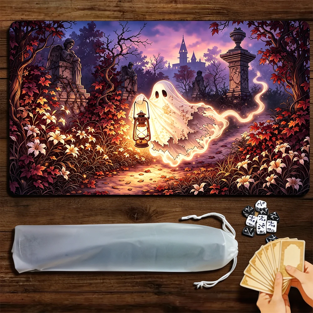 Cute white ghost TCG Playmat Magic Playmat Gathering Gaming Mat with Stitched Edge Anti-slip base 60X35cm Trading Card Game