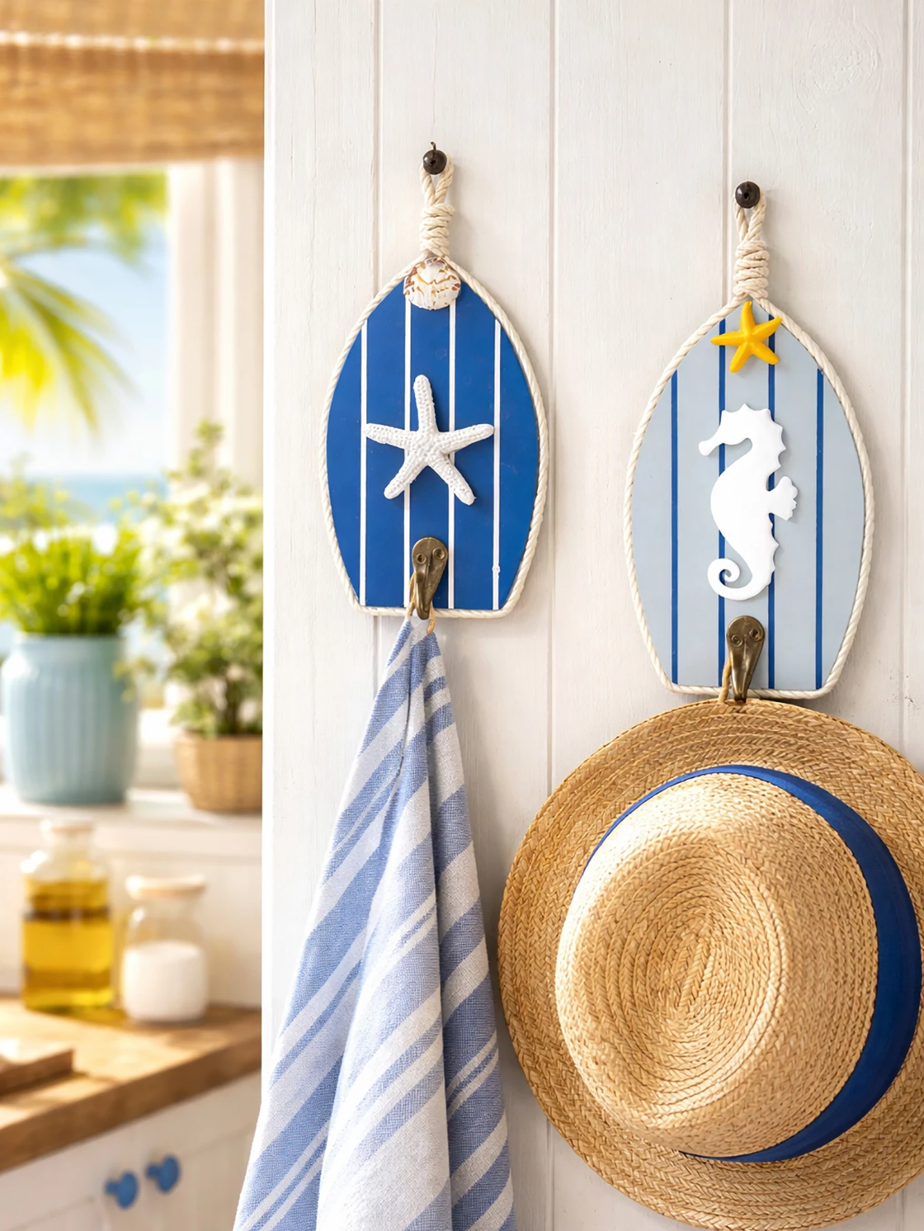 Nautical Wooden Wall Hooks with Starfish Seahorse Turtle, Blue White Striped Hangers for Keys Towels & Bags, Coastal Home Decor