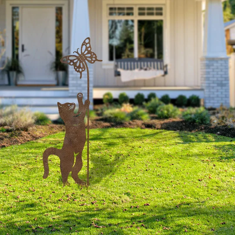 1pc Rusty Metal Cat Garden Stake - Whimsical Outdoor Decor for Cat Lovers, Lawn Art with Playful Cat and Butterfly Design