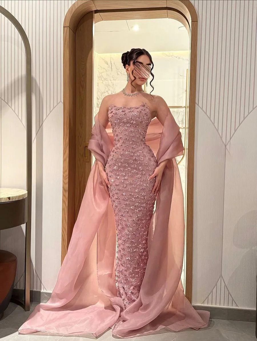 

New Design Sexy Beading Crystal Sweetheart Floor Length Pink Shawl Mermaid Evening Prom Formal Party Dress
