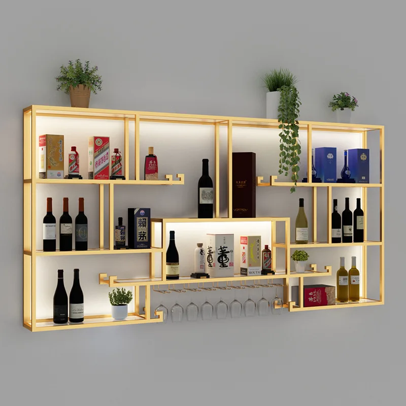 Chinese bar wine rack wall-mounted wine cabinet bar luminous wrought iron wine rack restaurant wall display rack