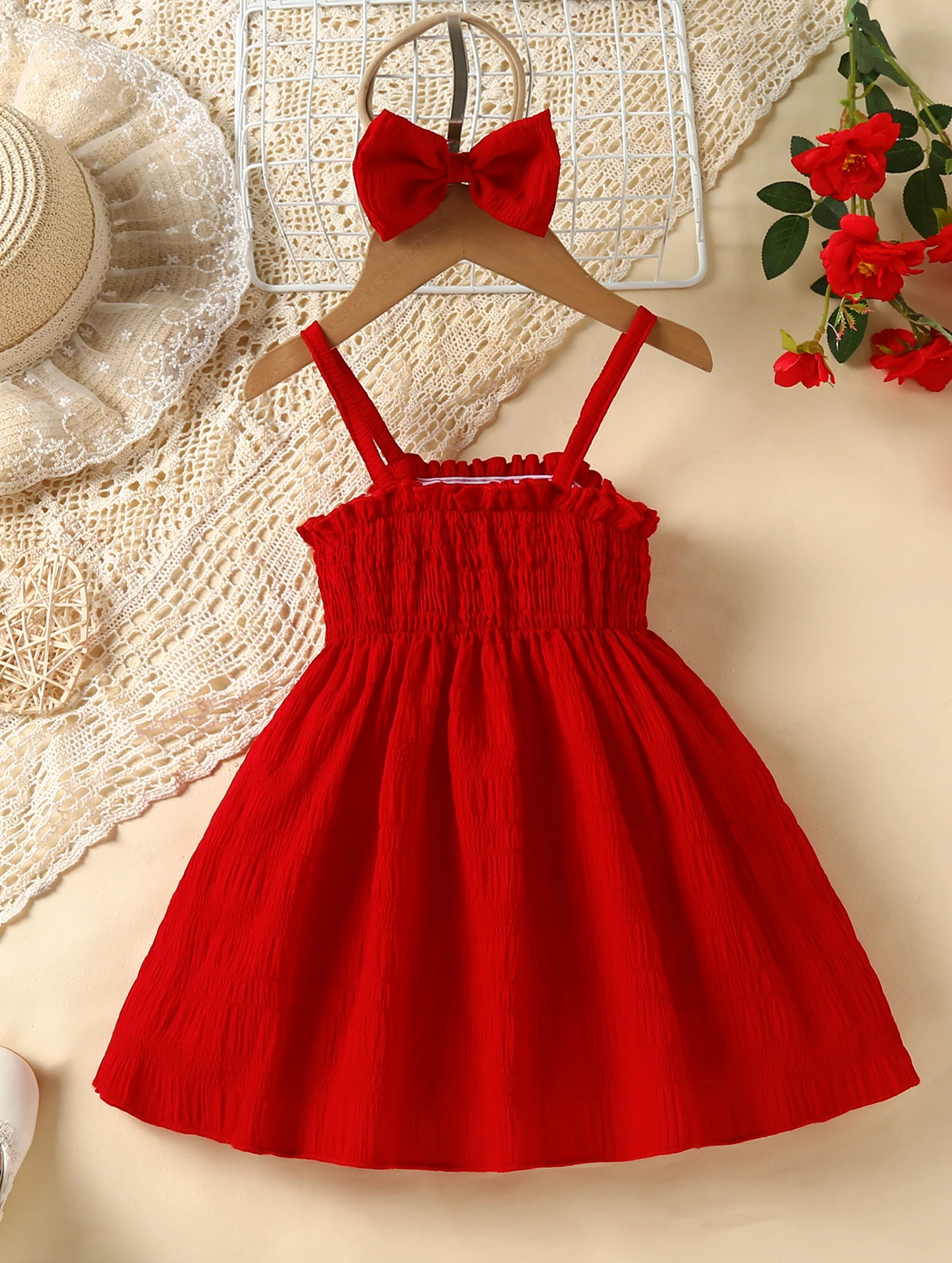 0-3 year old Summer Baby girl Dress Red Ruffled Suspender Dress and Bow  2 Pieces of Toddler Baby girl Holiday Party Costume