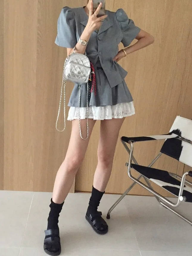 

Retro Lace Patchwork ort Jaet Women's Bubble Sve Outerwear Summer Faion Set with Matching Skirt Trendy Ensemble