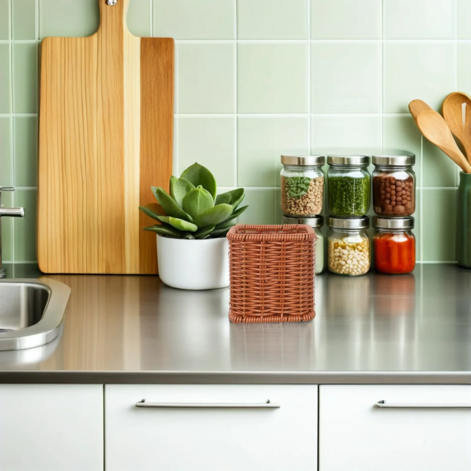 

2Pcs Imitation Rattan Cutlery Organizer Kitchen Silverware Storage Box Sturdy Flatware Holder Countertop Tableware Container