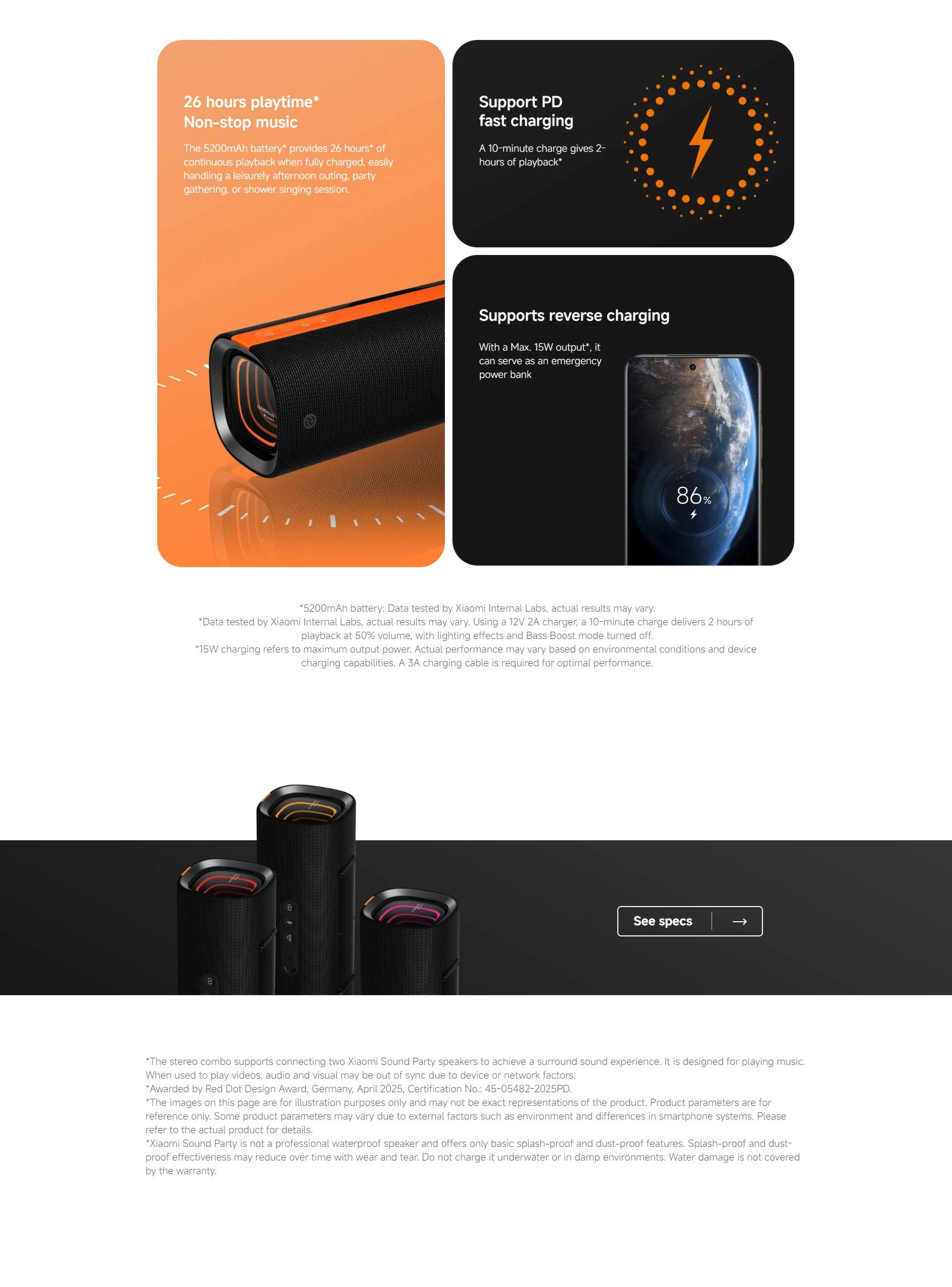 XIAOMI Sound Party Portable Bluetooth Speaker 50 W, Powerful Sound, Harman Audio EFX, 3D RGB Light, 26 Hours of Autonomy, IP67 Waterproof, TWS Pairing, USB-C PD Fast Charging, Black