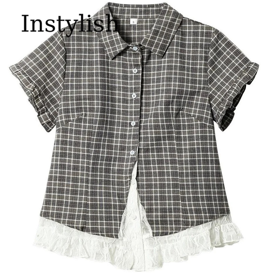 Lace Lace Patchwork Plaid Shirt for Women in Summer Sweet Short-sleeved Retro Shirt Slim Japanese Kawaii Cute Casual Top for Women - Aliexpress Deal