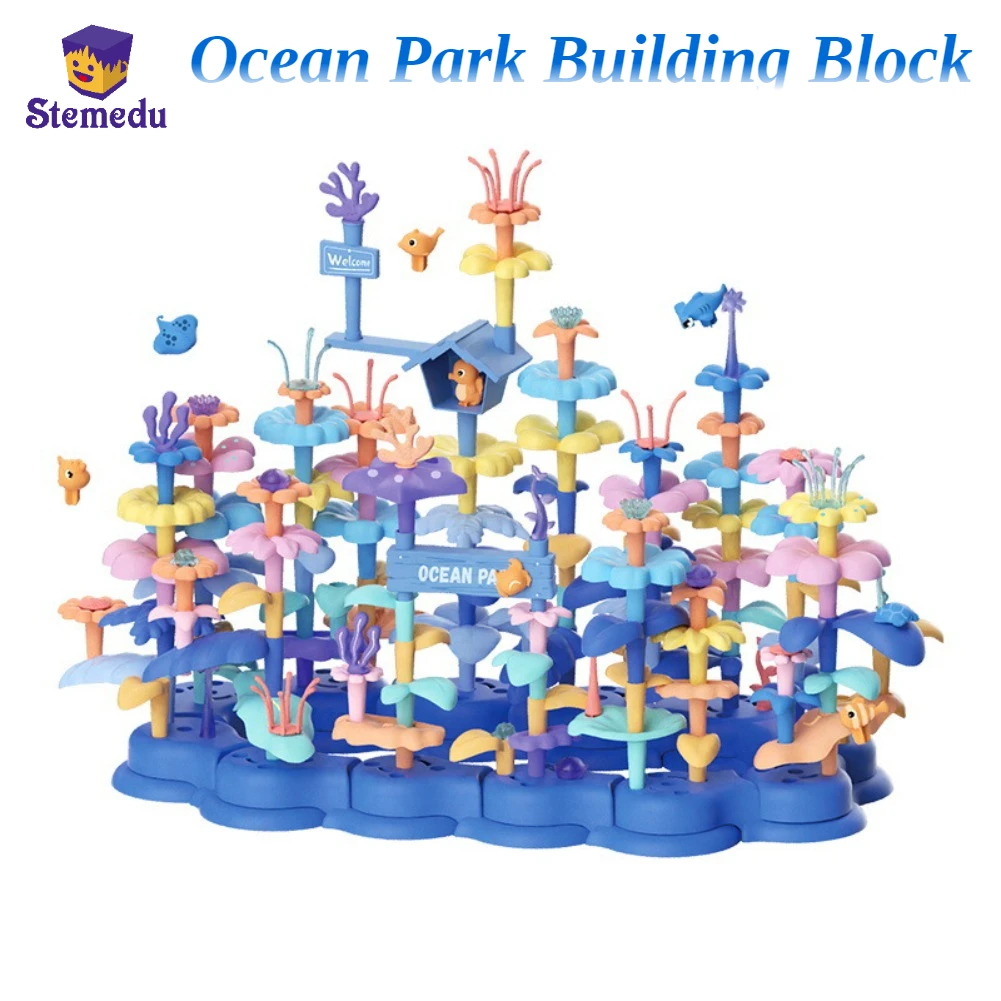 New Ocean Series Coral Fish Flower Animal City Building Blocks Set DIY Puzzle Assembled Educational Toys Birthday Gift for Kids