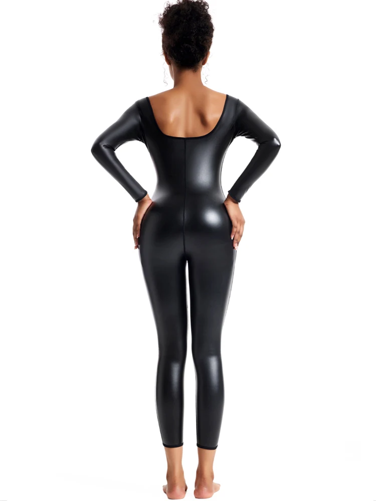 Women Leather Jumpsuit Rompers Playsuit Streetwear Overalls Paty Women\'s U Neck Pu Leather Clubwear Long Sleeve Unitard Jumpsuit