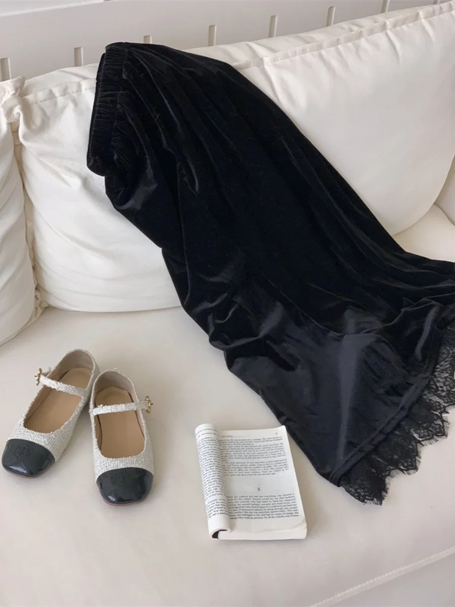 

Глянцевая бархатная юбка с кружевной отделкой, эластичная, с завышенной талией, длинная, для офиса, А-силуэт