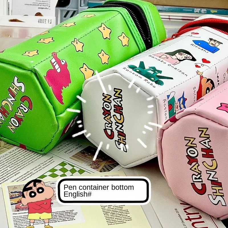 Crayon Shin Chan-bolsa para bolígrafos Hexagonal de Anime, bolsa de almacenamiento creativa impermeable de gran capacidad para estudiantes, suministros de papelería escolar, regalos