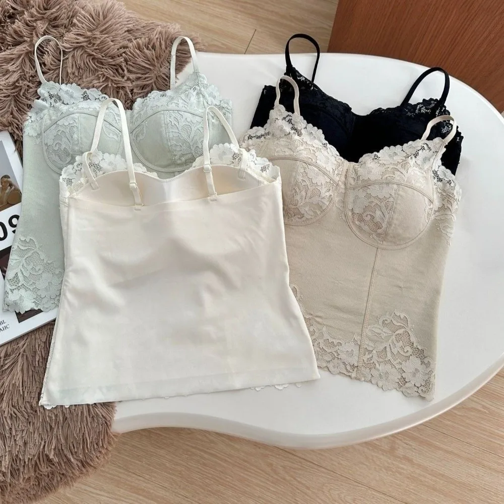 Fashion French Style Lace Camisole Sleeveless Fishbone Crop Tops Slim Fit Flower Suspender Vest Travel