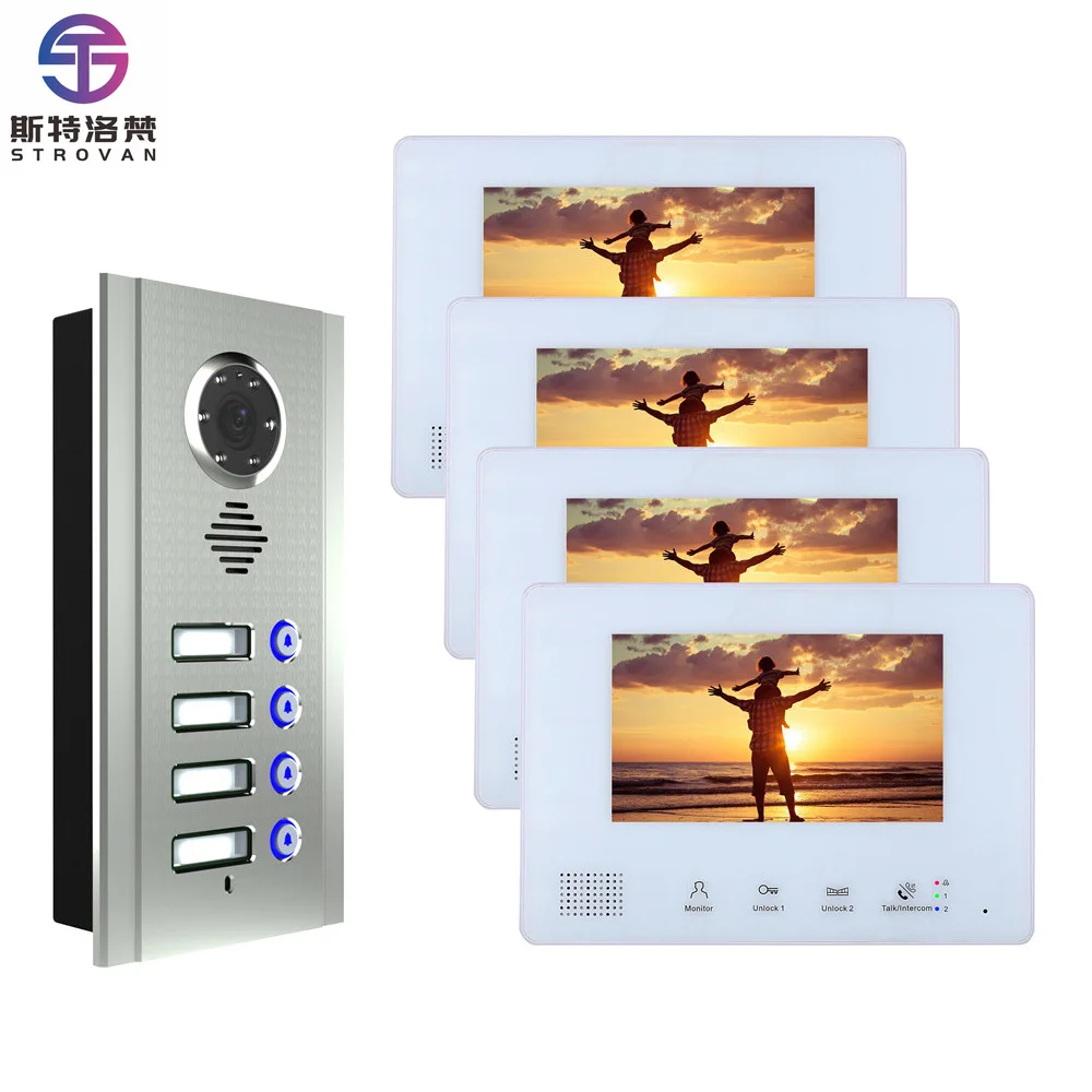 2 Wire Multi Apartment Video Door Phone Intercom System for 4 Buttons Family