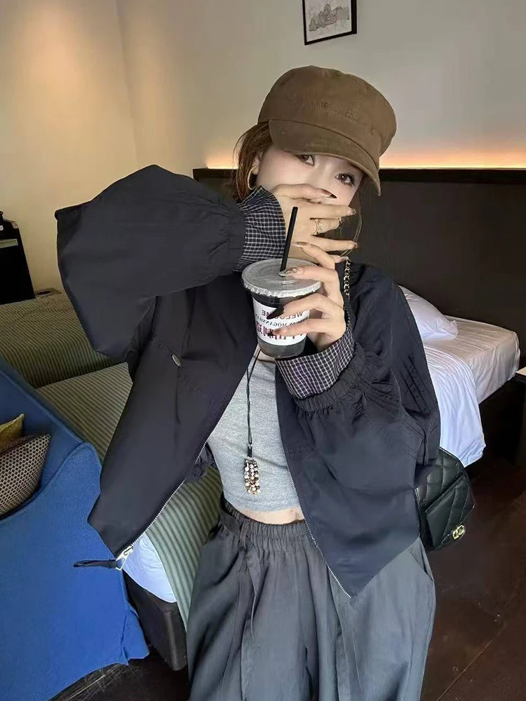 Zoki Harajuku Y2K سترة البيسبول المرأة فضفاضة خمر منقوشة المرقعة معطف قصير الشارع الشهير كم طويل خمر الأمريكية Bf القمم