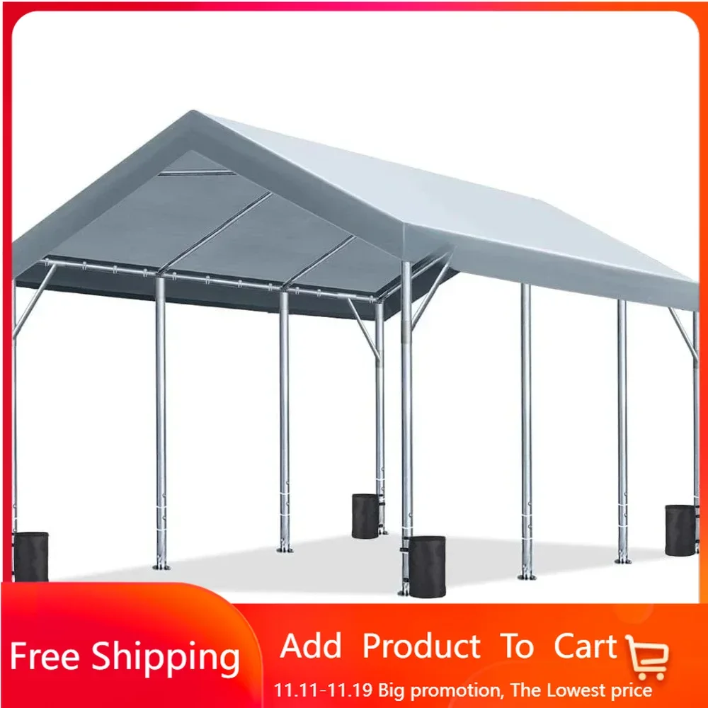 12x20 ft Canopy Garage Heavy Duty Carport Car Boat Shelter Party Tent, Adjustable Peak Height from 9.5ft to 11ft, Grey