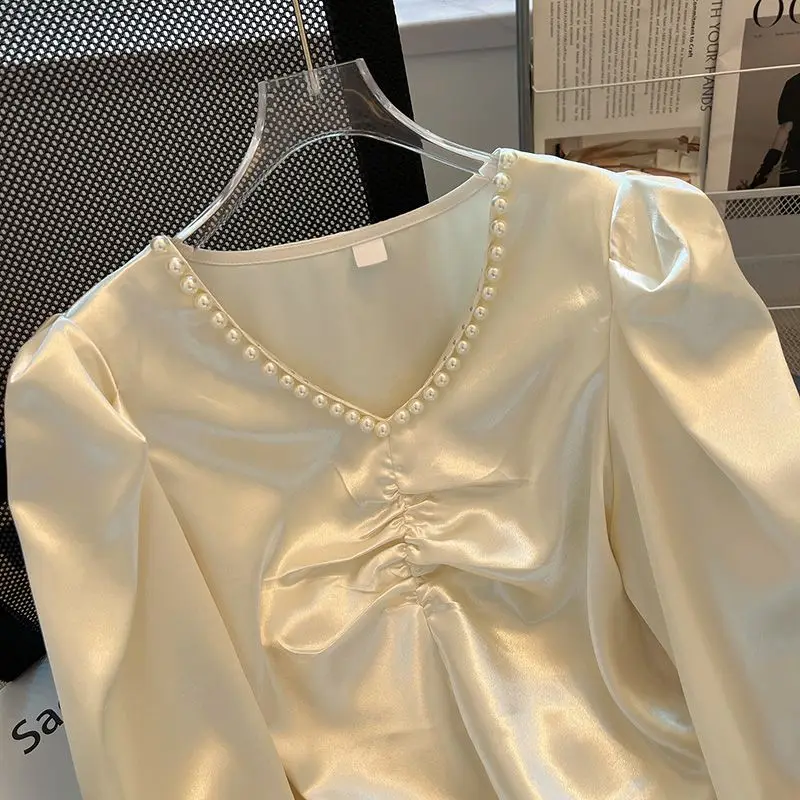 Women's Clothing Fashion Pearl Solid Satin Blouse Spring Summer Elegant France High Street V-Neck Tops
