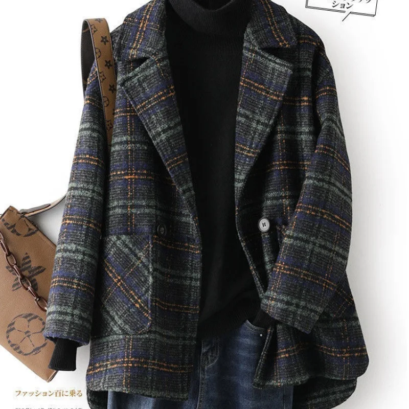 Damen Plus Size Karierte Wolljacke, Lose Midi-Länge, Ein-Knopf-Mantel mit Taschen, Herbst-Winter Neuheit, Modische Oberbekleidung – Detail 6