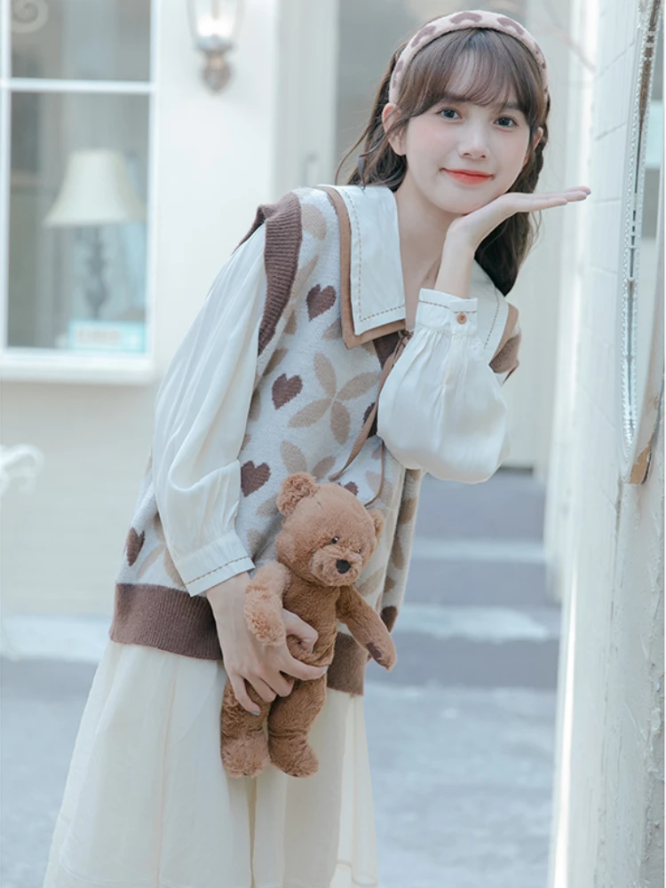 

Вязаный свитер, жилеты, женские жилеты без рукавов, милые, в консервативном стиле, в японском стиле, студенческая универсальная одежда, женский дизайн, модный шик