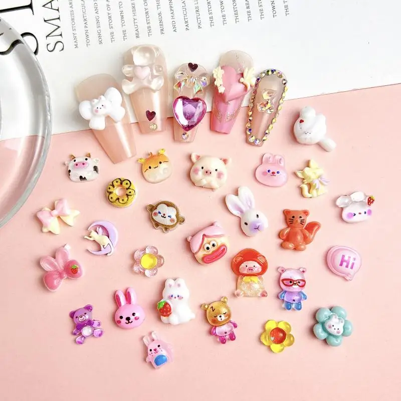 Random Mixed Resin Cute Cartoon Nail Charms Kawaii Piggy Rabbit Cookies Nail Nail Art Decorations Supplies for Manicure DIY