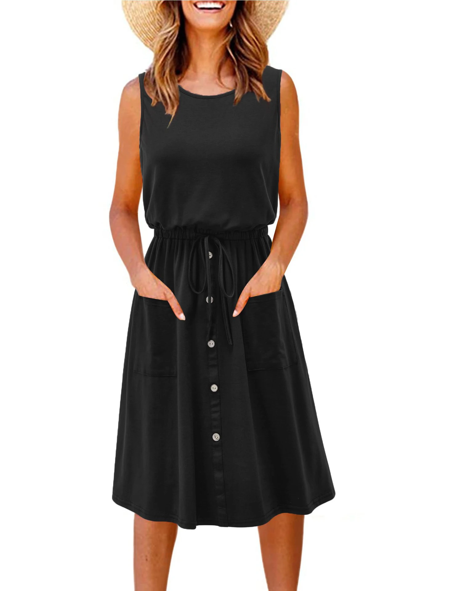 Frühlings- und Sommerkleid mit Taschen, lockeres Damenkleid