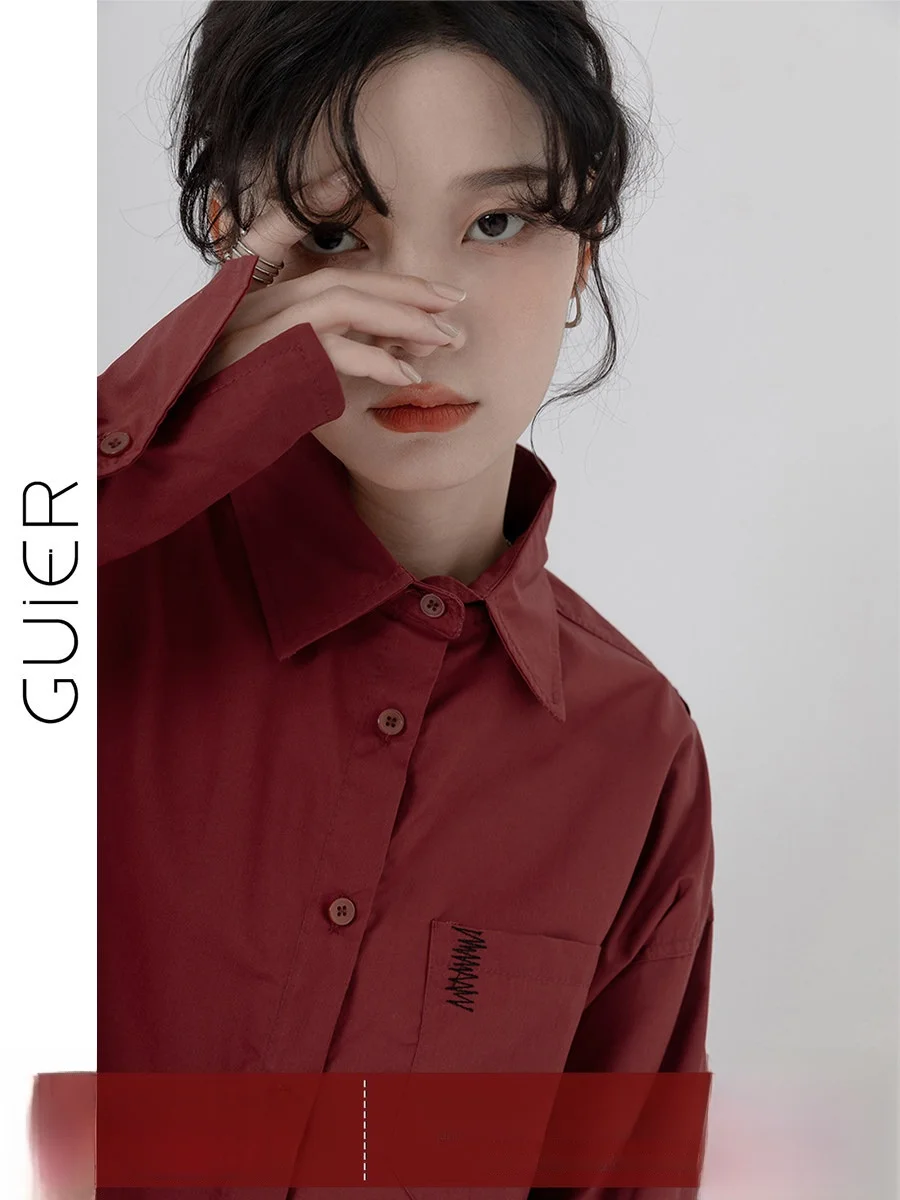 

Guer Long Velvet Cotton irt Women's Design Sensation Red Collar Button up Sve Casual Straight Fit Spring Faion