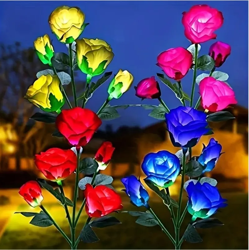 Solar Powered Rose Flower Lights, 5Head Artificial Rose Lawn Light for Valentine's Day Garden Decor, Patio, Deck, Fence lights