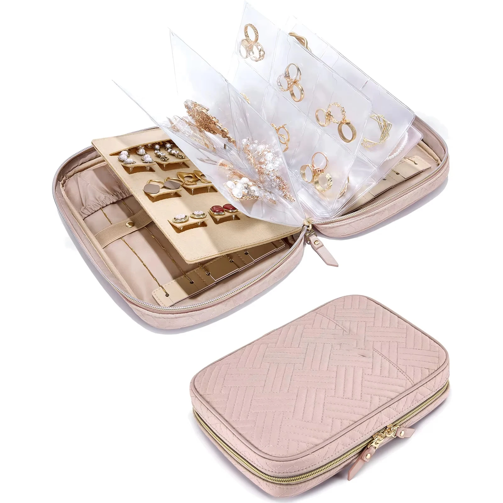 Schmuck-Reise-Organizer-Etui für Zuhause, Schmuck-Organizer, Aufbewahrung, Ringbuch, durchsichtige Taschen, Reißverschluss-Rollen-Beutel für Halsketten, Ringe