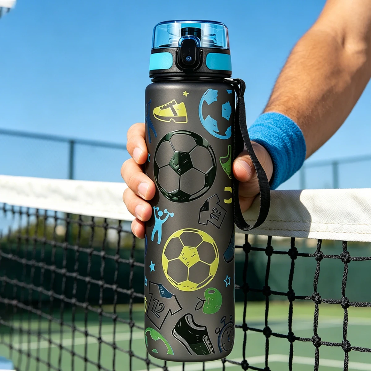 Wasserflasche mit Fußballmuster für Jungen, 750/1000 ml, auslaufsicherer Sportwasserbecher aus Kunststoff, tragbarer Klappdeckel für Schule, Turnhalle, Fußballtraining