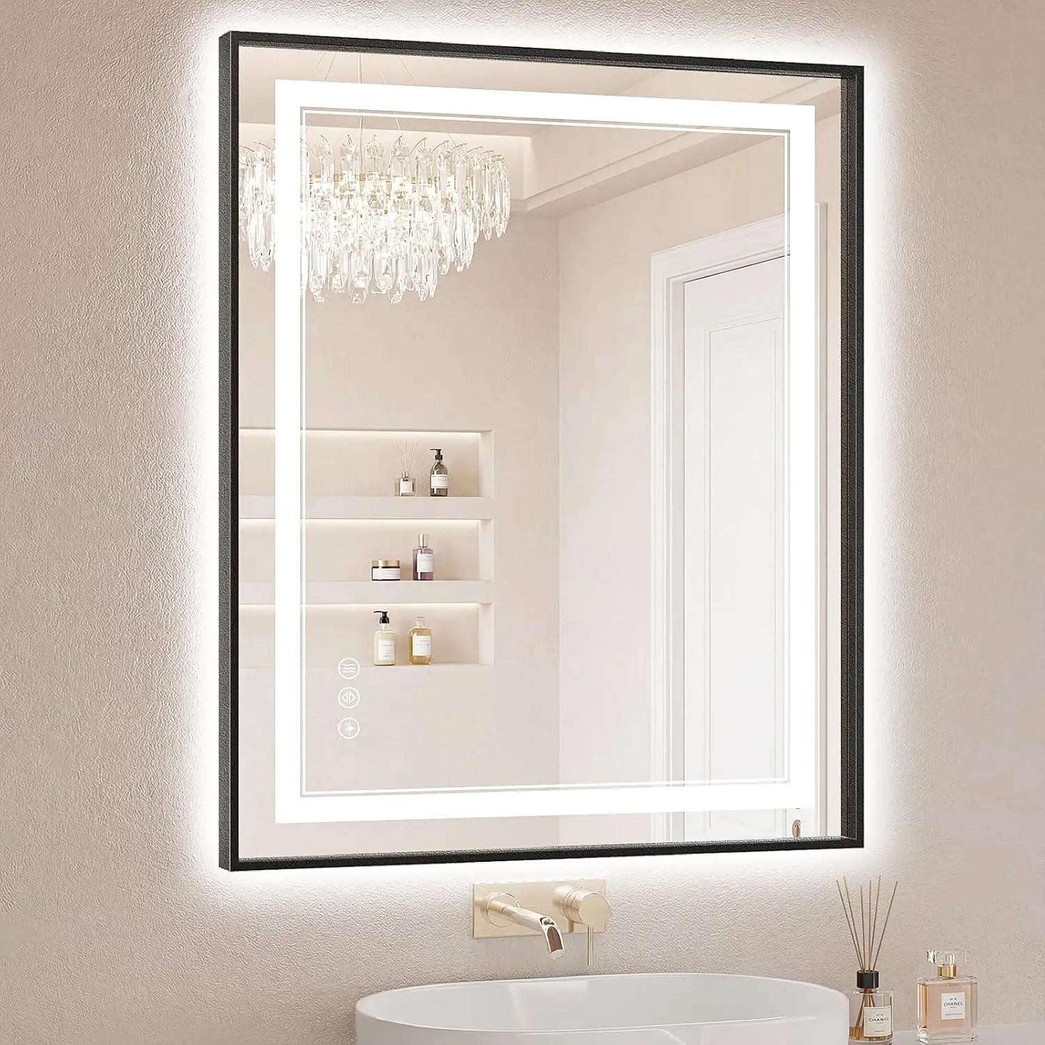 30 X 36 Inch LED Bathroom Mirror Lights Front Backlit AntiFog Dimmable Aluminum Frame 3 Color Temperature CRI 90 Plus Touch Cont