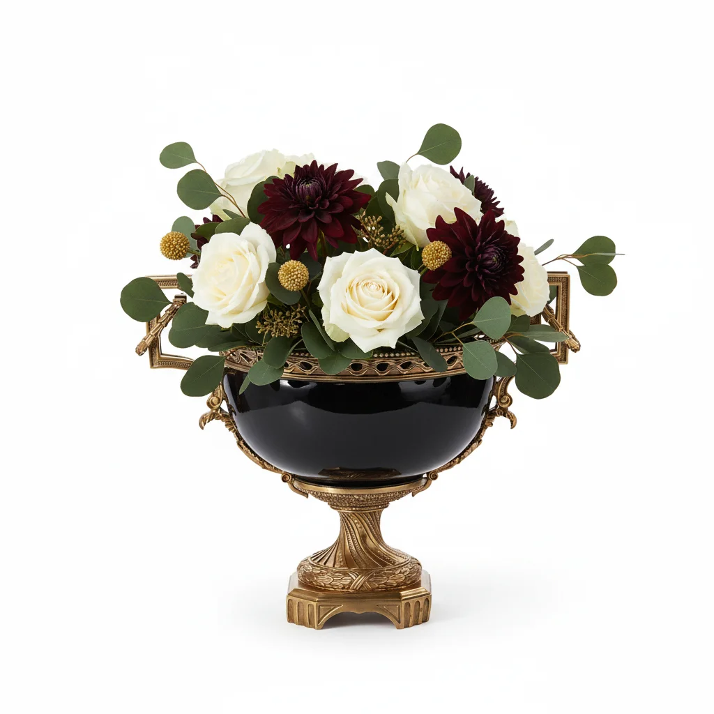 &c Meiju European-style High-temperature Porcelain Black High-foot Copper Base Copper Flower Pot Decorative Large