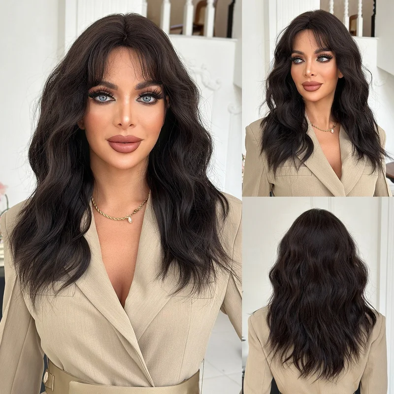 Wavy wig full head cover black tea color natural fluffy rose net wig