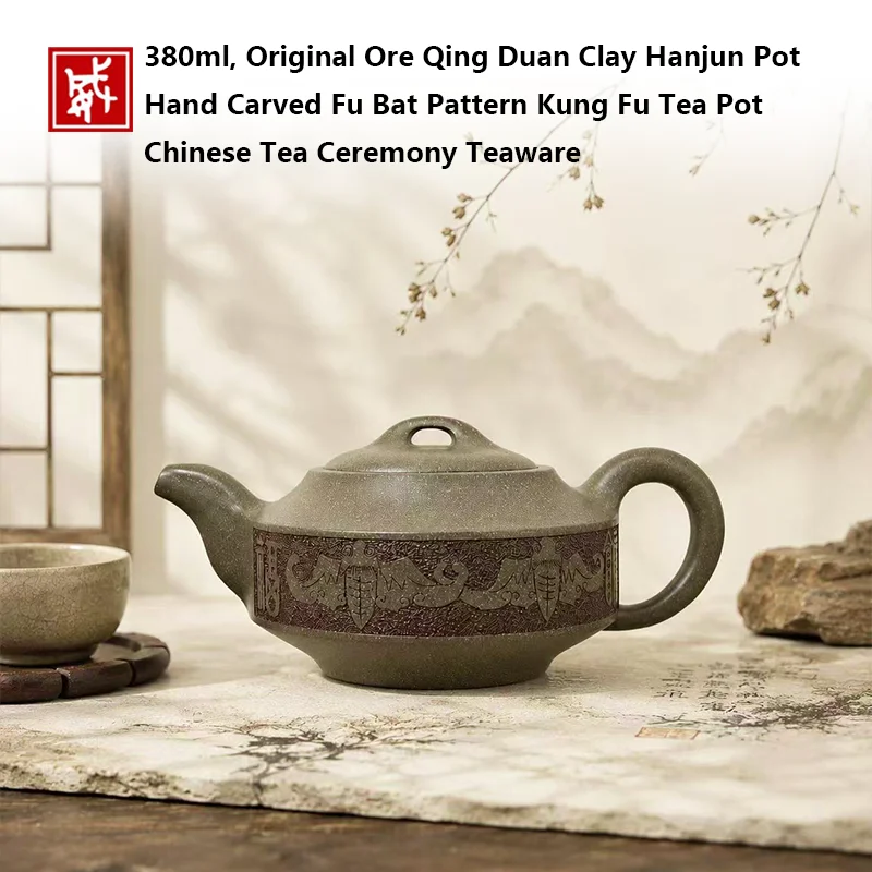 Yixing Zisha Teapot 380ml Hand Carved Fu Bat Pattern Original Ore Qing Duan Clay Hanjun Kung Fu Tea Pot for Chinese Tea Ceremony